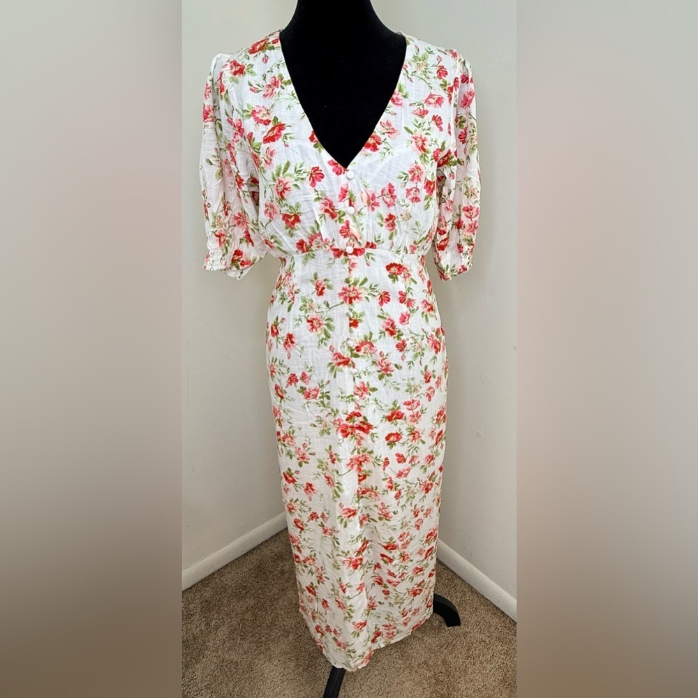 NWT MINKPINK pink on white Floral lightweight Cottagecore maxi dress V neck XS